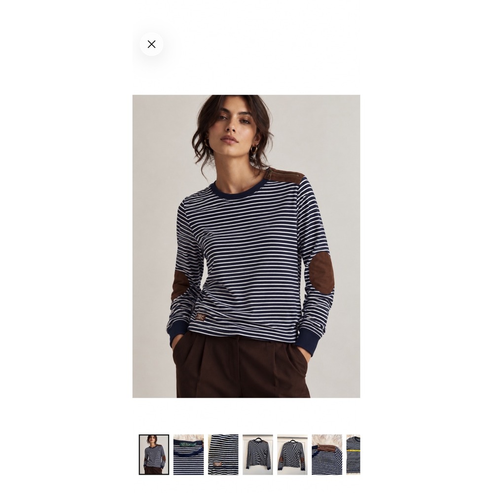 Lauren Ralph Lauren Navy White Striped Top Suede Elbow Patch Zipper Shoulder L